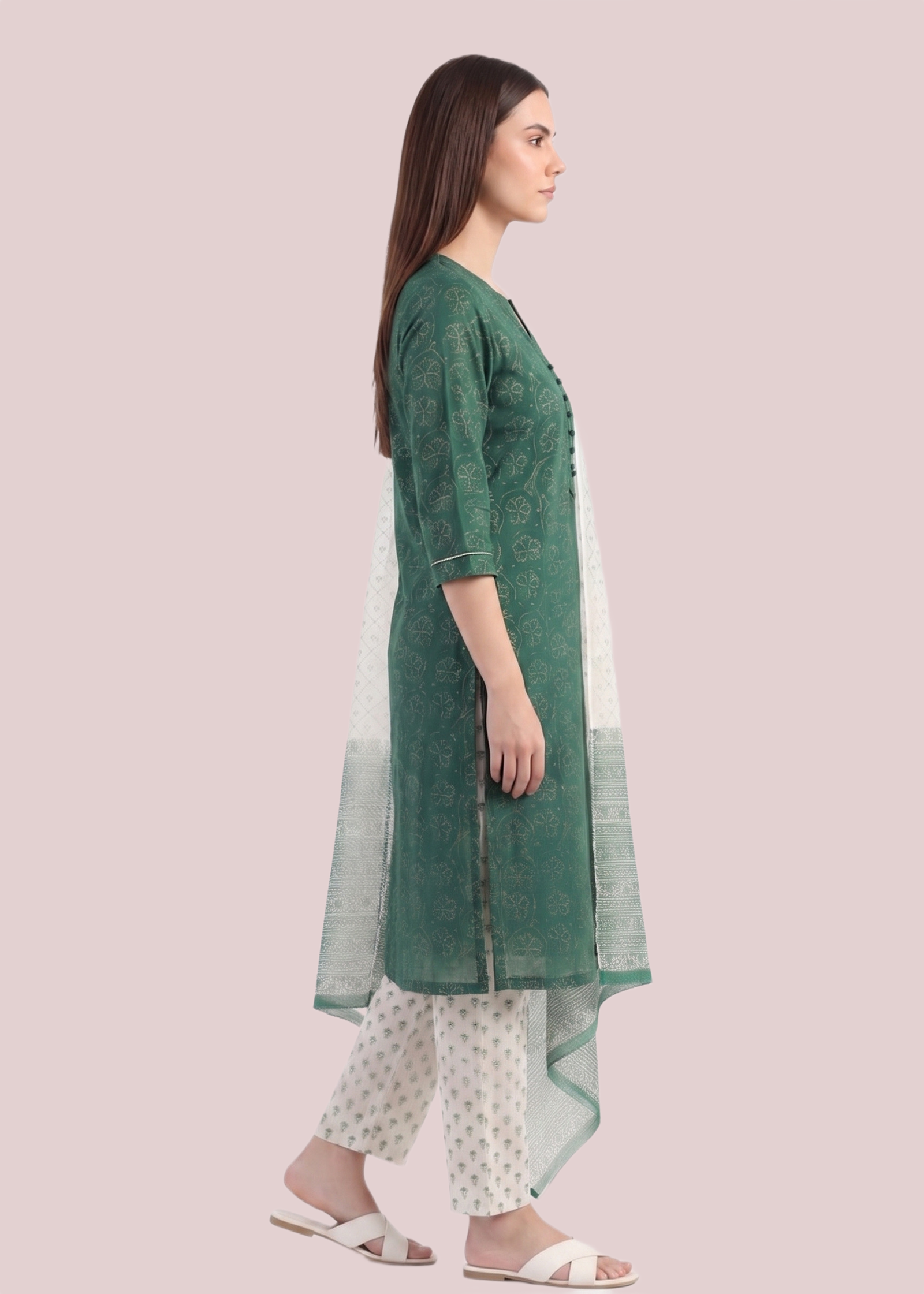 Green Colored Kota Doria Suit Set - Image 3